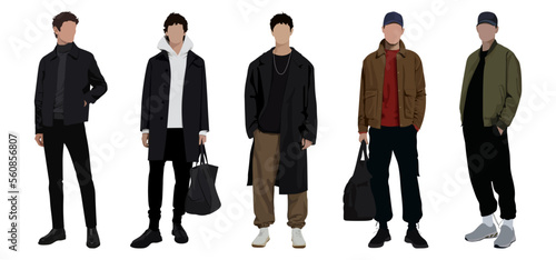 Group fashion men in modern trendy outfits. Young people wearing stylish casual summer clothes. Colored flat graphic vector illustration of fashionable man isolated on white background