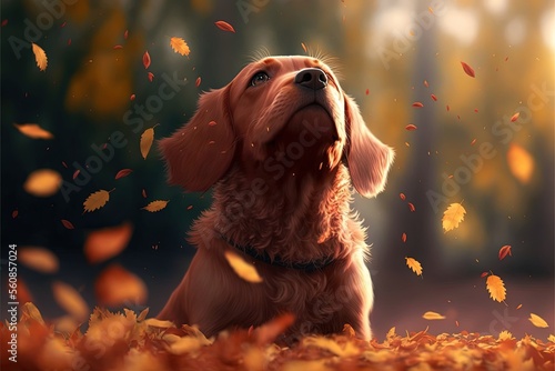 Cartoon dog in autumn watching leaves falling, Generative AI
