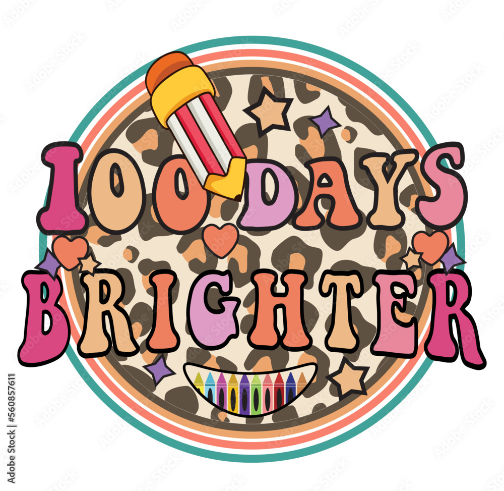 100 days of school  brighter png svg, leopard retro lighting bolt 100 days of school brighter svg png, 100th day of school svg, retro design