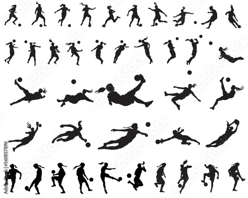 A set of 40 female soccer football player silhouettes cutout outlines, vector icon sets in various poses