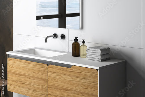 3D rendering close up of a modern vanity unit in the bathroom with round mirrors on double marble basin  white square tiles and beige wall. Morning Sunlight  Products display background  Mock up.