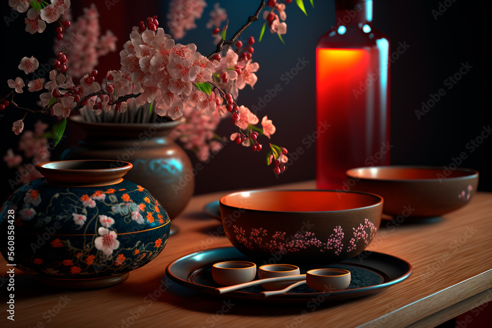 Vietnamese table with pot surrounded by cherry blossoms