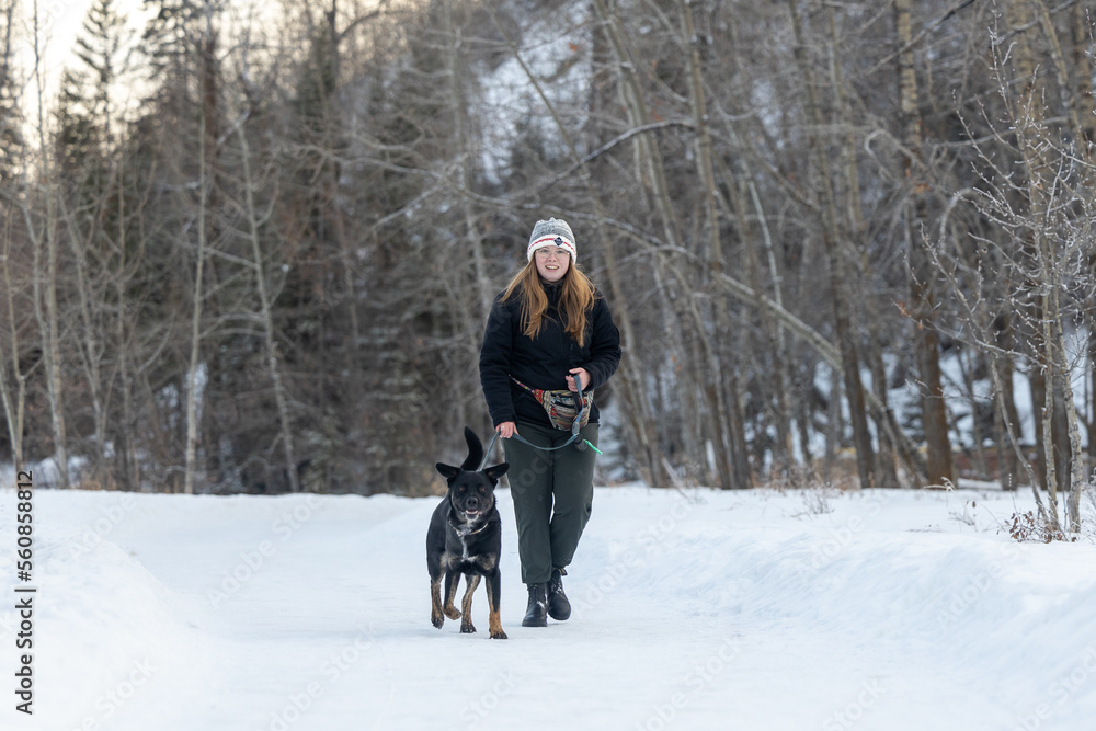 woman with dog walking in the snow in the winter on a trail woman with dog walking in the snow in the winter on a trail