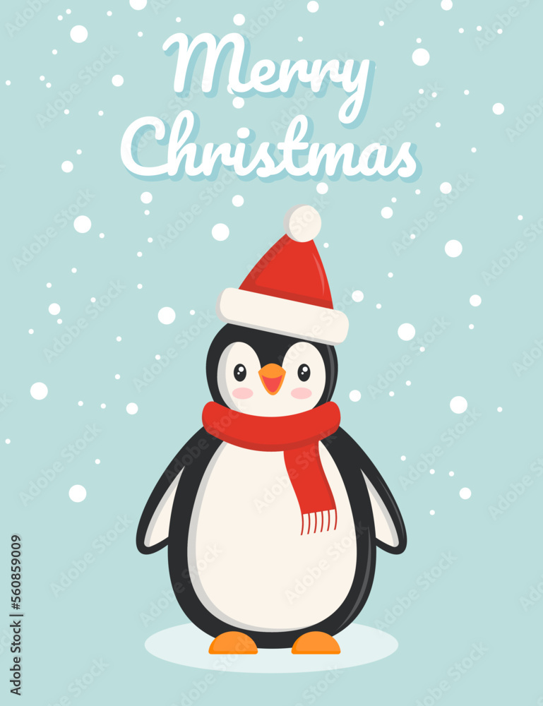 Christmas postcard with a penguin in a scarf and a hat on a blue background with snow Christmas postcard with a penguin in a scarf and a hat on a blue background with snow