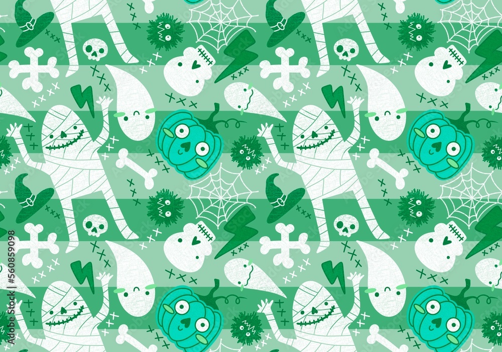 Naklejka premium Halloween mummy and pumpkins seamless ghost and bones and skulls and monsters pattern for wrapping paper