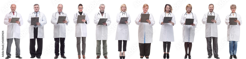 full length group of doctors with notepad isolated