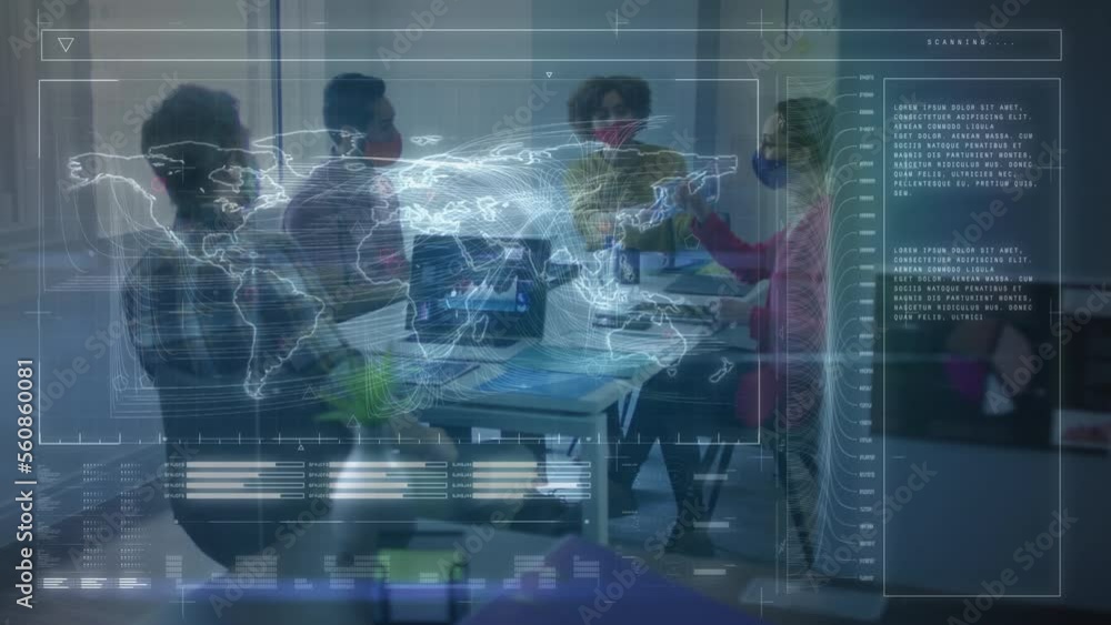 Animation of world map with data processing over diverse business people having meeting at office Animation of world map with data processing over diverse business people having meeting at office