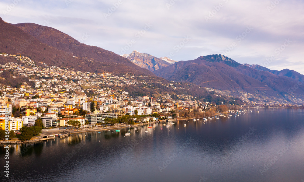 Mountains landscape and town Locarno at winter day, Swiss Alps, Switzerland