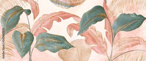 Watercolor art background with tropical palm leaves with gold line art elements. Botanical banner with exotic plants for decoration, print, textile, wallpaper, interior design.
