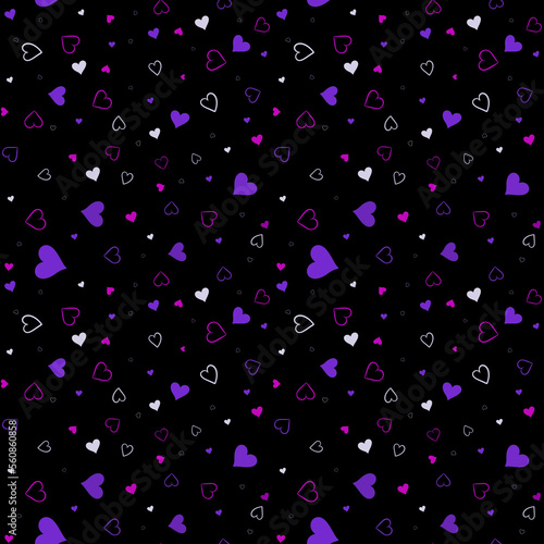 Seamless pattern with white, purple and pink hearts on a black background.