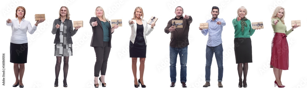 group of happy people with gifts in their hands isolated