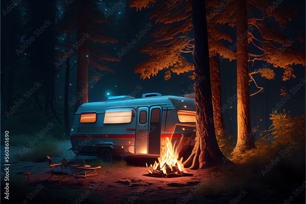 a campfire in the forest, Caravan in night forest. Ai generative a campfire in the forest, Caravan in night forest. Ai generative