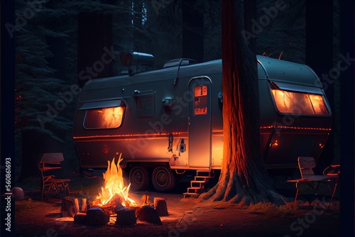 a campfire in the forest, Caravan in night forest. Ai generative
