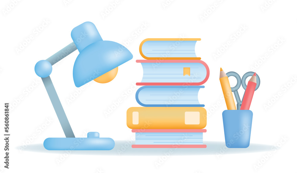 Education, learning, knowledge and study concept. Lamp, books and stationery for school, college or utiversity. 3d Realistic Vector illustration isolated on white background. Education, learning, knowledge and study concept. Lamp, books and stationery for school, college or utiversity. 3d Realistic Vector illustration isolated on white background.