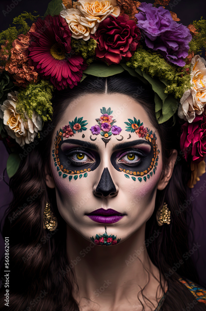 Woman portrait with traditional Calavera makeup (Mexican Sugar skull makeup), colorful, floral skull for Dia de Los Muertos (Day of the Dead in Mexico) celebration. Catrina