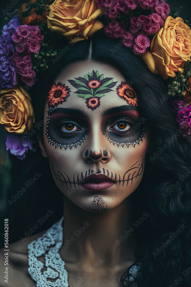 portrait of beautiful woman with bright make-up in traditional mexican day of the dead for halloween autumn holiday.