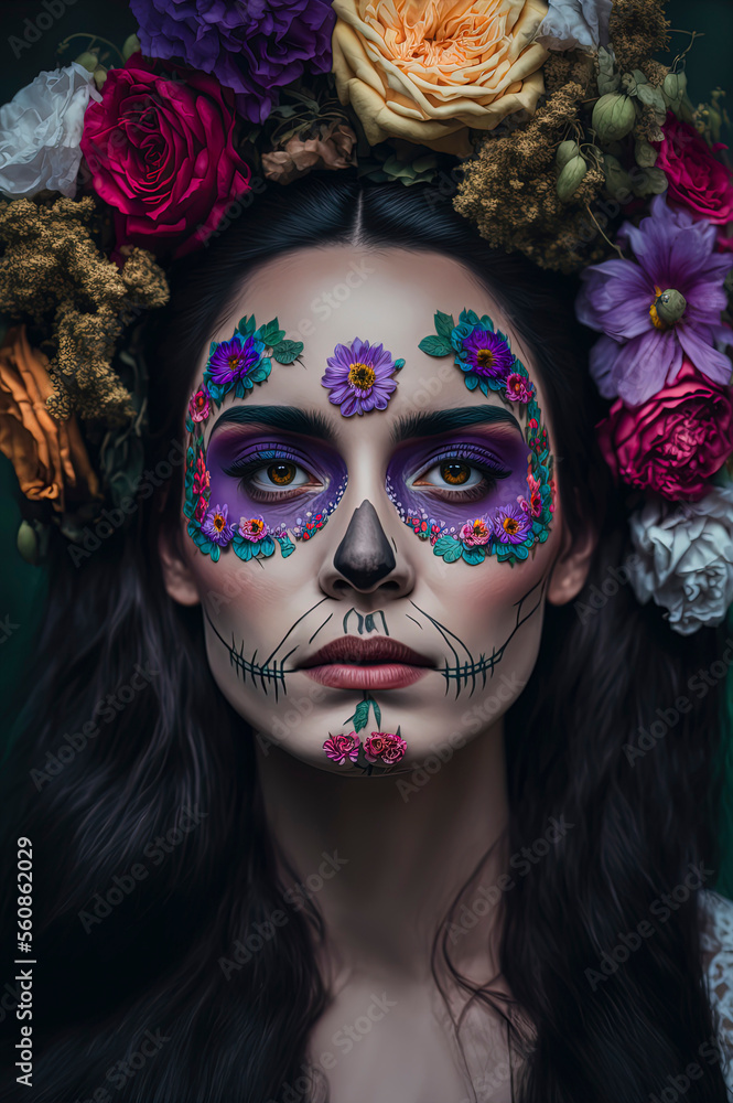 Girl with skeleton makeup and flowers in her hair on a dark background. day of the dead