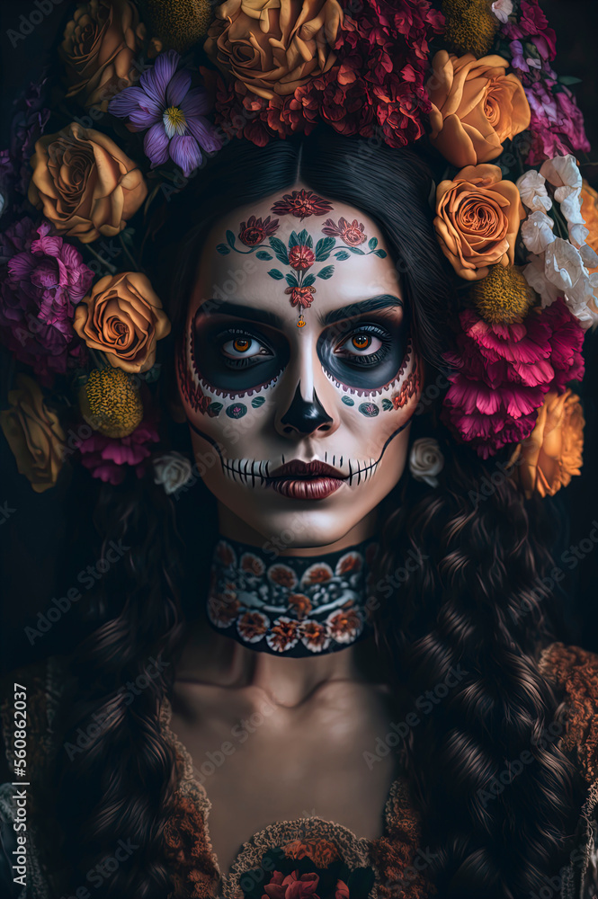 beautiful woman with day of the dead makeup and flowers in her hair