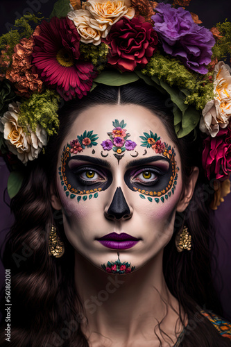 Woman portrait with traditional Calavera makeup (Mexican Sugar skull makeup), colorful, floral skull for Dia de Los Muertos (Day of the Dead in Mexico) celebration. Catrina