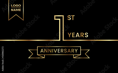 1st Anniversary template design with gold color for celebration event, invitation, banner, poster, flyer, greeting card. Line Art Design, Logo Vector Template