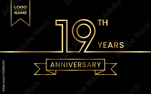 19th Anniversary template design with gold color for celebration event, invitation, banner, poster, flyer, greeting card. Line Art Design, Logo Vector Template
