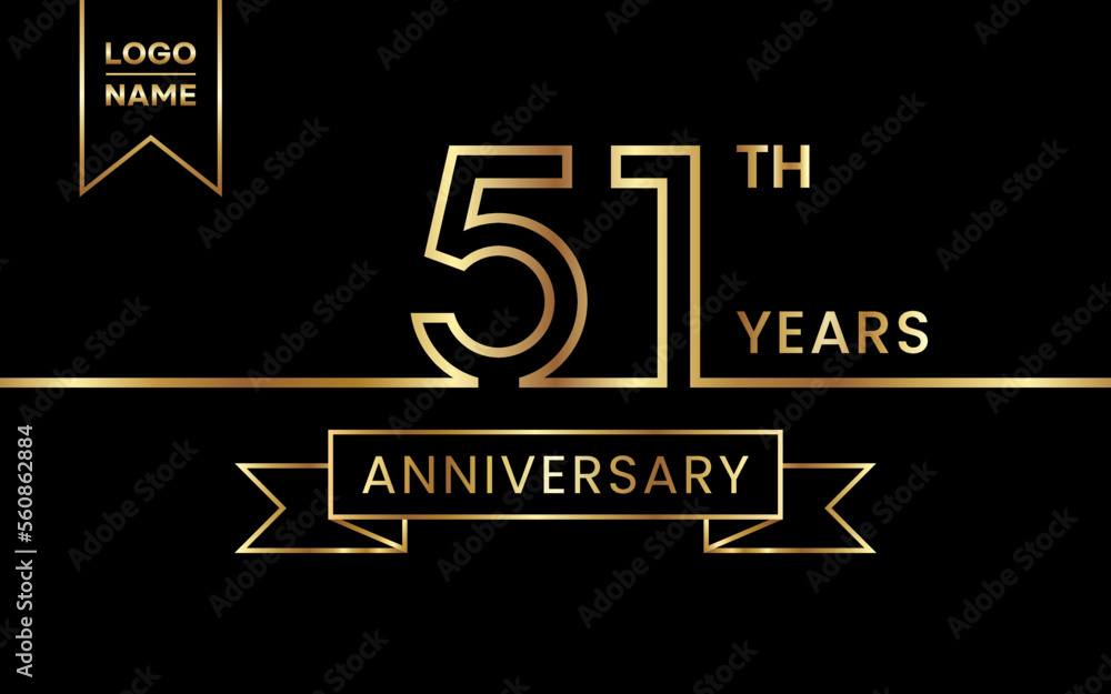 51th Anniversary template design with gold color for celebration event, invitation, banner, poster, flyer, greeting card. Line Art Design, Logo Vector Template