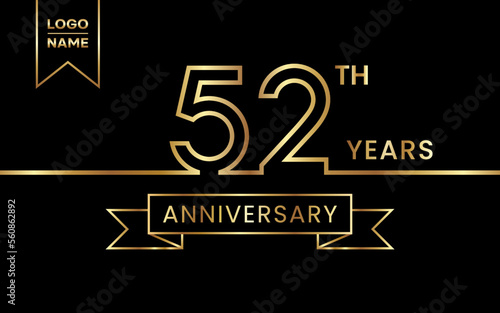 52th Anniversary template design with gold color for celebration event, invitation, banner, poster, flyer, greeting card. Line Art Design, Logo Vector Template