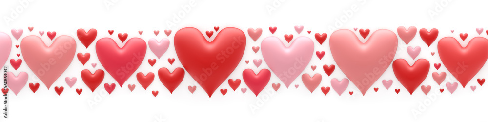Banner of various pastel pink and red hearts for romantic Valentine's day or other romantic holiday. 3d render.