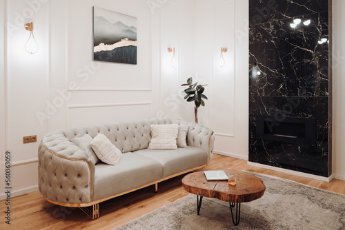 Stylish pastel apartment, Details of luxurious sofa, wooden tv table, golden light fixtures and fireplace wall