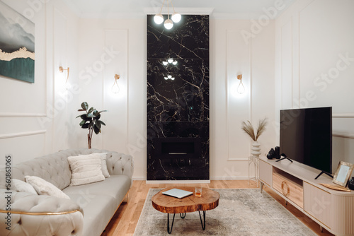 Stylish pastel apartment, Details of luxurious sofa, wooden tv table, golden light fixtures and fireplace wall