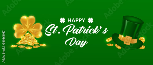 Banner Happy St. Patrick's Day. Festive design for greeting card, poster, banner. Leprechaun hat with gold shamrock and gold coins. Vector illustration.