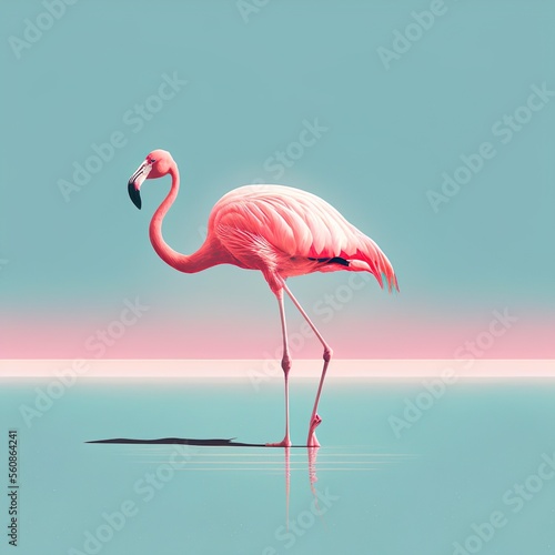Flamingo on blue beach. Minimalism. illustration Generated AI