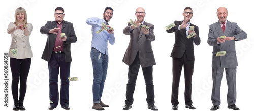 group of successful people holding money in hand isolated