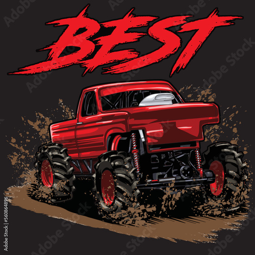 Mega Truck racing splash isolated on black background, for graphic design, screen print, DTG, DTF, poster and business elements.