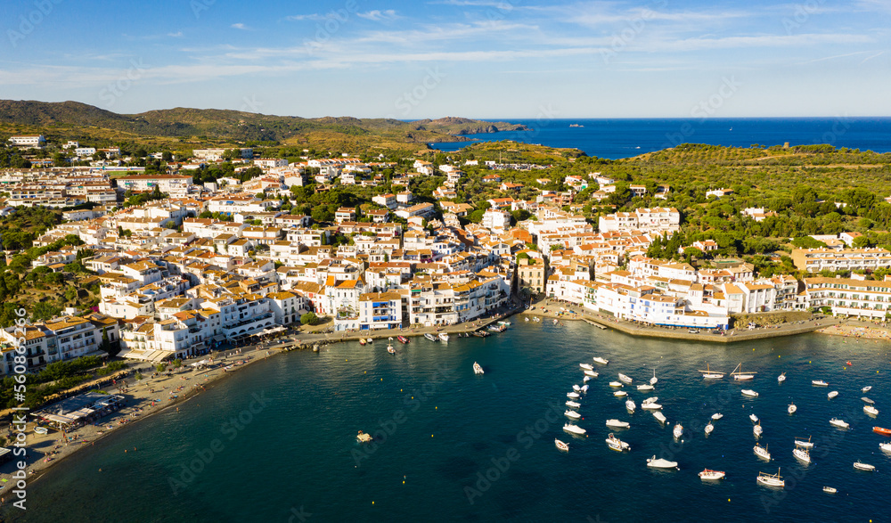 Aerial panoramic view of small coastal Cadaques city, Catalonia, Spain