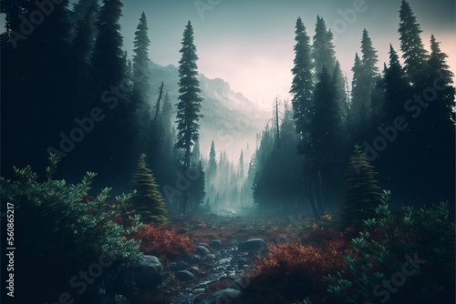 A landscape of a forest  with tall trees and a misty atmosphere Generated IA