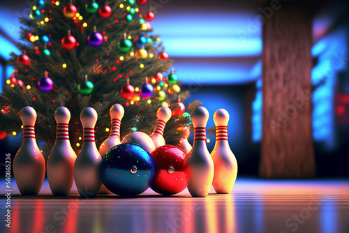 Fototapeta A game of bowling near the Christmas tree