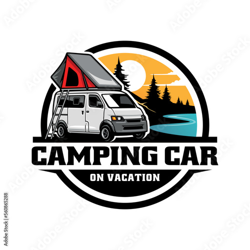 RV camper van with roof top tent illustration logo