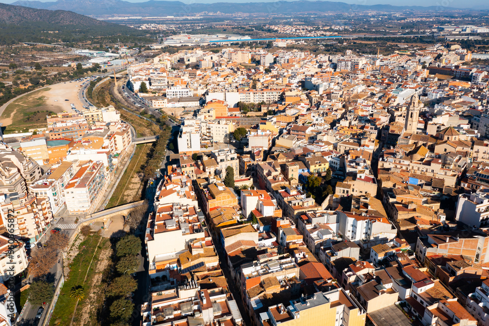 Aerial view of Spanish town of El Vendrell on sunny winter day, province of Tarragona, Catalonia..