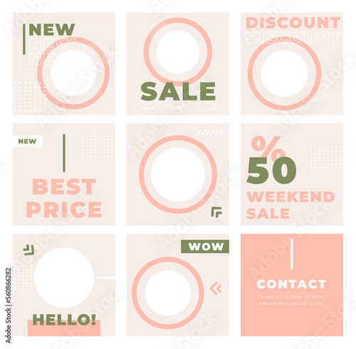 Green&Pink Social Media Post Template for Digital Marketing and Advertising Sale Promo. Puzzle Grid design for Fashion, Coffee Shops vector set. Minimal, trendy, abstract layout.