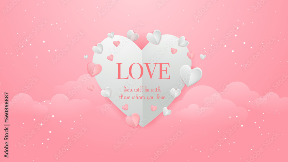Red, pink and white hearts with golden confetti isolated on pink background. Vector illustration. Paper cut decorations for Valentine's day design