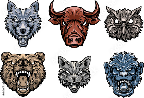 Head of bear, cat, monkey, owl, bull, wolf. Abstract character illustrations. Graphic logo design template for emblem. Image of portraits.