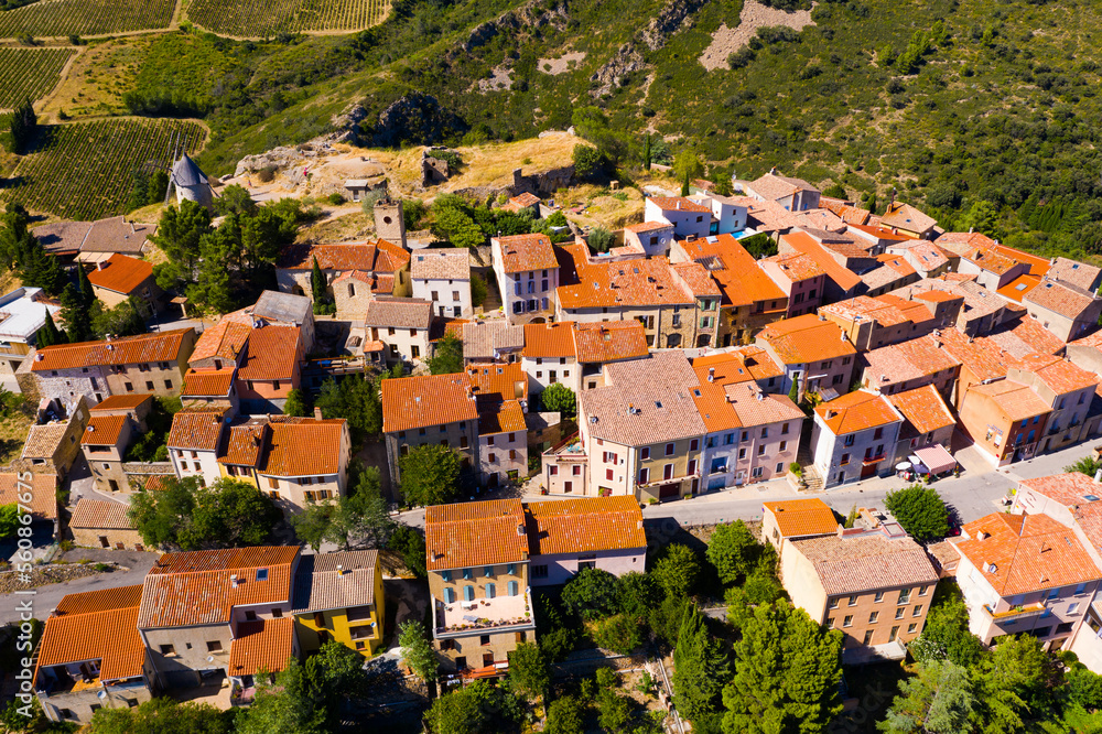 Aerial view of little village Cucugnan in the Aude area in France