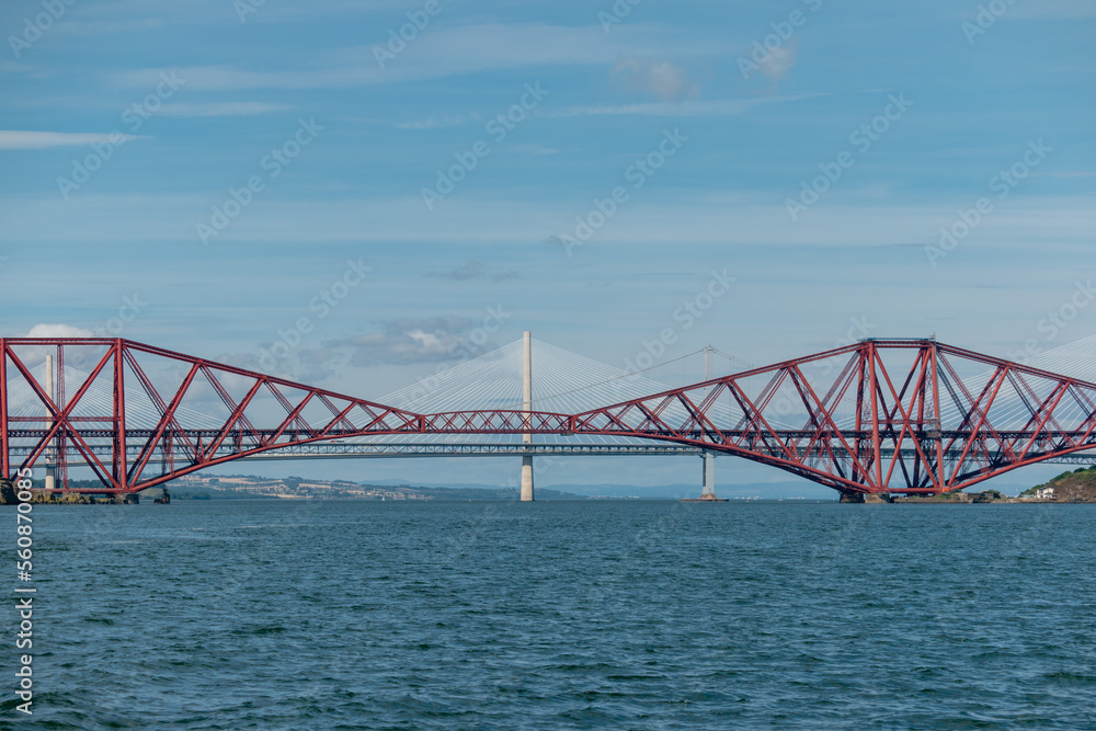 Panorama showing the center of the three bridges over the Firth of Forth, Queensferry Crossing, Rail, Road Panorama showing the center of the three bridges over the Firth of Forth, Queensferry Crossing, Rail, Road