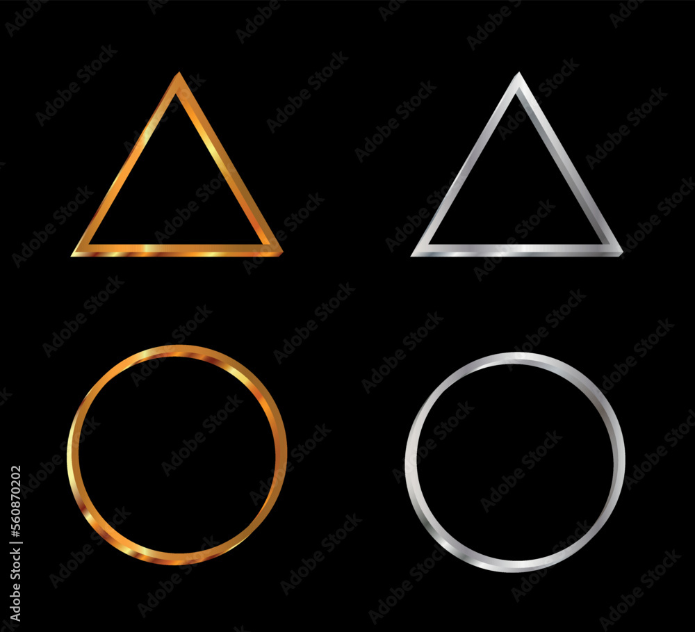 vector set of metallic geometric shapes, gold and silver triangle and circle on black background vector set of metallic geometric shapes, gold and silver triangle and circle on black background