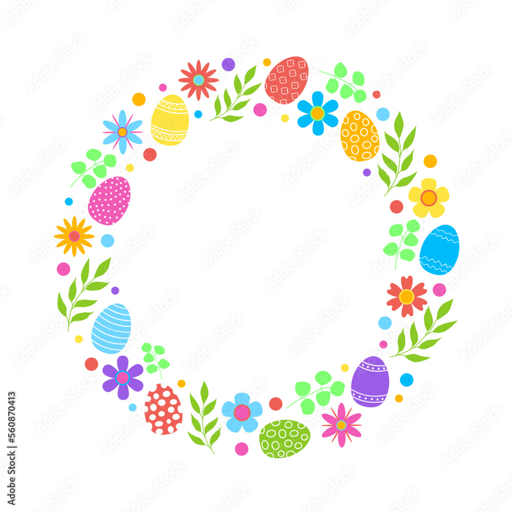 Easter wreath with Easter eggs, flowers and leaves on white background. Decorative frame for your greeting cards, banners, flyers Easter wreath with Easter eggs, flowers and leaves on white background. Decorative frame for your greeting cards, banners, flyers