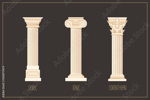 Antique columns set with different styles of greek architecture