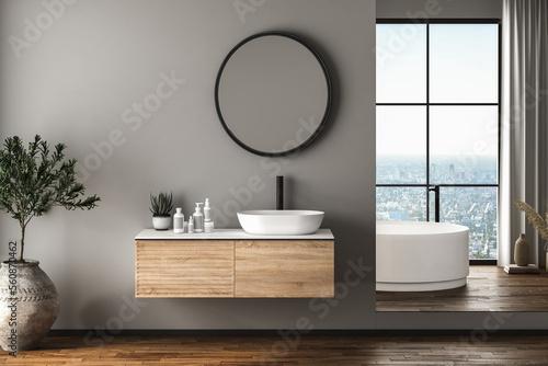 Modern bathroom interior with dark brown parquet floor  white oval bathtub and two sinks  front view. Minimalist bathroom with modern furniture and city view. 3D rendering