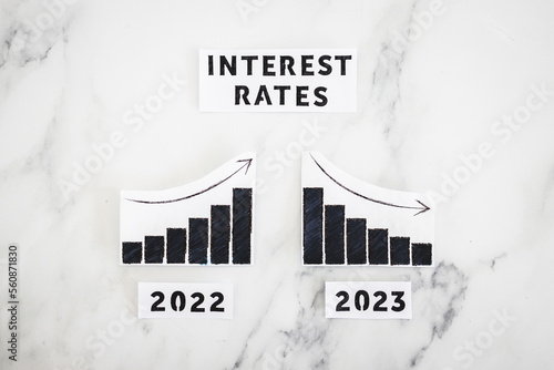 Fotografiet interest rates text with 2022 chart showing stats increasing and 2023 graph show