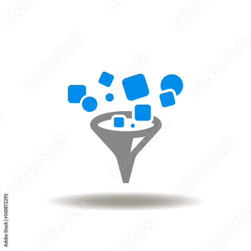 Vector illustration of funnel filter and products. Icon of filtering and transformation. Symbol of filtration and merger.